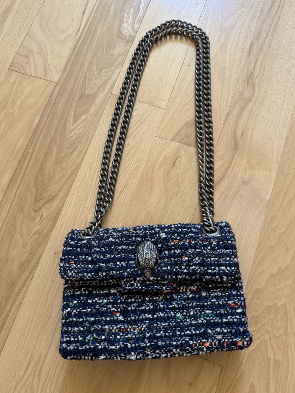 Kurt Geiger Mini Kensington Tweed Crossbody Bag Navy Multicolor 7.5"x5.5"x 2.5"